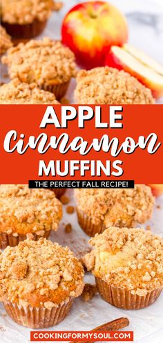 apple cinnamon muffins on a plate with apples in the background