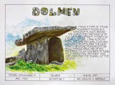 a drawing of a rock formation with the words dolmen above it and below it