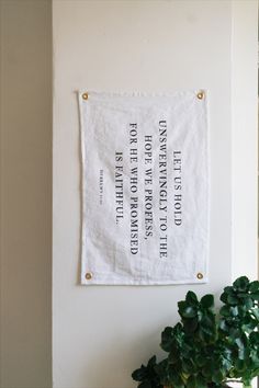 a white wall hanging above a potted plant