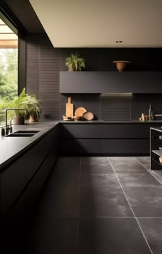 a modern kitchen with black cabinets and counter tops, potted plants in the window sill