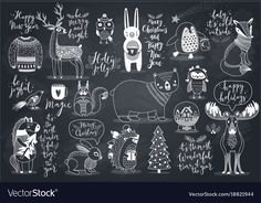 hand drawn christmas doodles on chalkboard with animals and snowflakes in the background