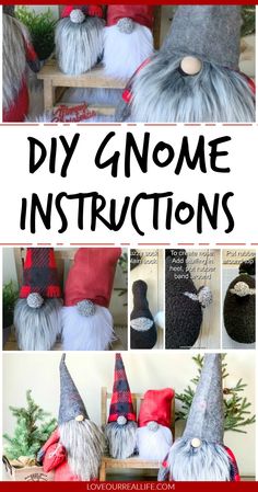 an image of gnomes made out of yarn and fabric with text overlay that says diy gnome instructions