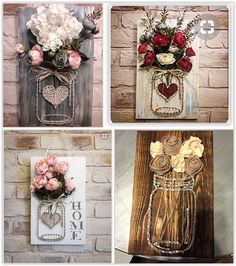 four pictures with flowers in mason jars and hearts on the wall, one is made out of wood