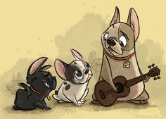 three dogs are sitting next to each other and one dog is playing the ukulele