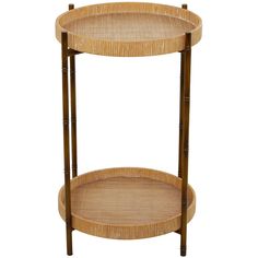 two tiered bamboo shelf with wheels on each side and one section holding a tray