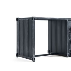 an open black metal container on a white background