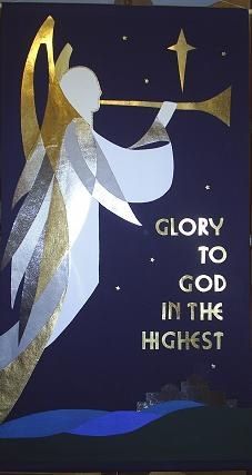 a blue and gold christmas card with an angel holding a trumpet that says glory to god in the highest