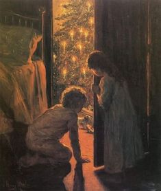 a painting of two children in front of a christmas tree