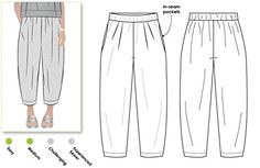 the front and back view of a women's pants with side pockets, showing how to