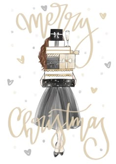 a drawing of a woman holding a cake with the words merry christmas written on it