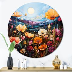 a painting on the wall of a room with vases and flowers next to it