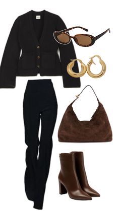 Suede Hobo Bag, Oversized Hoop Earrings, Boots Outfit Ankle, Trendy Outfit Ideas, Black Knit Cardigan, Trendy Fall Outfits, Trendy Fall, 가을 패션, Outfit Inspo Fall