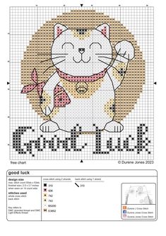 a cross stitch pattern with a cat on it's chest and the words good luck written