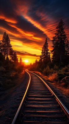 the sun is setting on an empty train track with trees in the foreground and clouds in the background