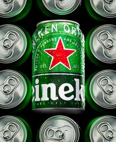 a can of heinek beer surrounded by other cans