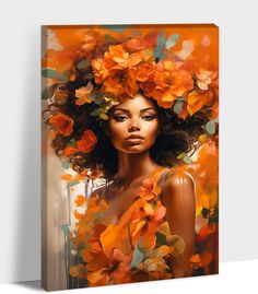 a painting of a woman with flowers in her hair and orange leaves on her head