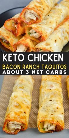 keto chicken and bacon ranch taquitos on a black plate with text overlay