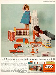 an advertisement for legos with two children playing in front of the model building set