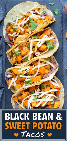 three black bean and sweet potato tacos on a blue background with text overlay