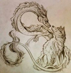 Wolf Dragon Art, Wolf Tattoo Aesthetic, How To Draw Wolves, Wolf And Dragon Tattoo, Wolf Dragon Tattoo, Wolf Tattoo Design Sketches, Dragon Sketch Tattoo, Wolf Art Tattoo, Dark Wolf Tattoo