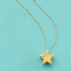 Ross-Simons - Italian 14kt Yellow Gold Star Necklace. 18". Make a wish and do as dreamers do. Offering a bold look at a comfortable weight, this glossy 14kt yellow gold star necklace dangles from a classic cable chain. Made in Italy. Springring clasp, 14kt yellow gold star necklace. Gold Star Necklace, Star Necklace Gold, Yellow Necklace, Fine Jewelery, Bare Necessities, Gold Star, Designer Sandals, Star Necklace, Make A Wish