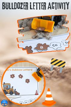 an activity for children to learn how to build letters and numbers with construction vehicles in the background