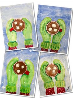 four paintings of green gloves holding hot chocolate