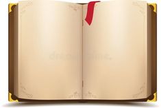 an open book with a red ribbon hanging from it's cover, on a white background