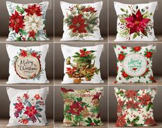 twelve christmas pillows with poinsettis and holly wreaths on them, all in different styles