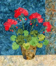 a painting of red flowers in a brown vase on a table next to a blue wall