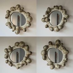 four different views of a mirror hanging on the wall