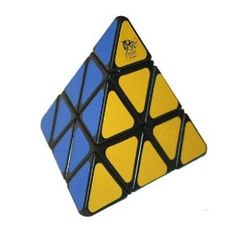 a black and yellow rubik cube with blue squares on the sides, against a white background