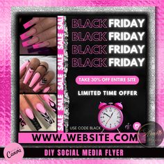 black friday sale ad with pink nails and clock