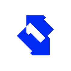 a blue and white logo with an arrow pointing to the left, on a white background