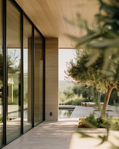 an outdoor area with large windows and plants on the side of it, near a pool