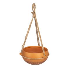 a hanging planter with rope on the end and an orange pot in the middle