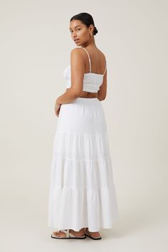 Haven Tiered Maxi SkirtCotton On Women - Haven Tiered Maxi Skirt - WhiteCotton On | Women | ClothingCotton On | Women | ClothingCotton On | Women | Clothing Maxi Skirt Outfits, White Linen Maxi Skirt, White Tiered Skirt Outfit, Tiered Maxi Skirt Outfit, Tiered Skirt Outfit, White Maxi Skirts, Tiered Midi Skirt, Western Style Outfits, Skirt Cotton