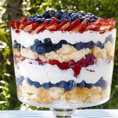 a trifle with strawberries and blueberries in it