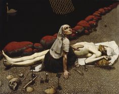 a painting of a woman laying on the ground surrounded by bones and other objects,