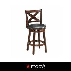 a wooden bar stool with black leather seat and cross backrests on an advertisement for macy's