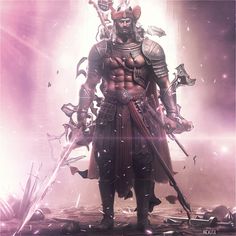 a man in armor with two swords standing next to each other on a purple background