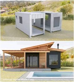 two pictures side by side of a small house with a pool in the back ground