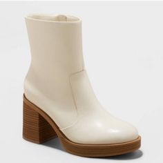 Off White Faux Leather Boots 3 1/2" Heel 1" Platform No Box Faux Leather Boots, Wedge Ankle Boots, Brown Booties, Block Heel Boots, White Boots, Suede Wedges, Rubber Heels, Universal Thread, Platform Boots