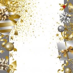 gold and silver christmas decorations on a white background