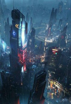 a futuristic city at night with skyscrapers and neon lights