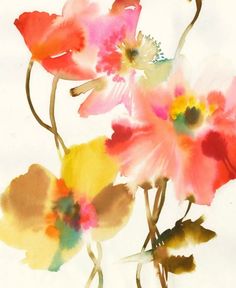 watercolor painting of flowers in pink, yellow and orange colors on white paper with green stems