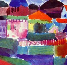 an abstract painting of colorful buildings and trees in the distance with blue sky above them