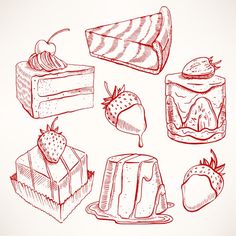 an image of desserts drawn in red ink