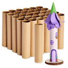 a group of cardboard tubes with a purple flower on top