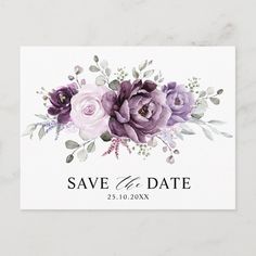 save the date card with purple flowers and greenery